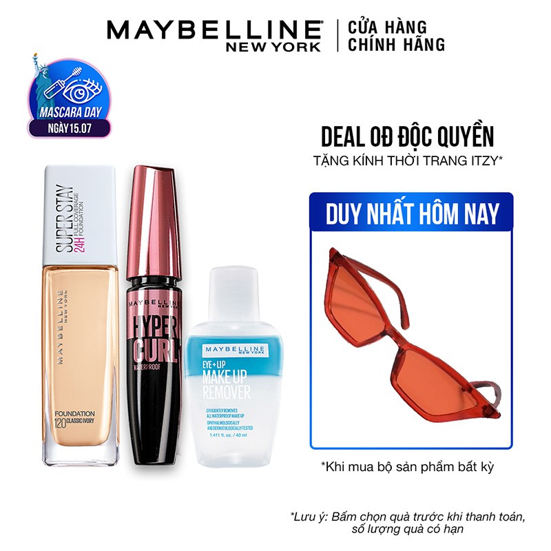 [Bộ sản phẩm] Kem Nền Lâu Trôi Superstay 30ml + Mascara dài cong mi Hyper Curl 9.2ml + Tẩy trang 40ml Maybelline NewYork
